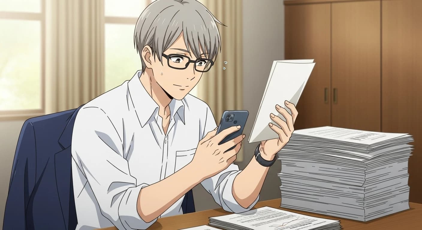 スマホとデスクに積まれた書類を見て、やや焦った表情をしている様子