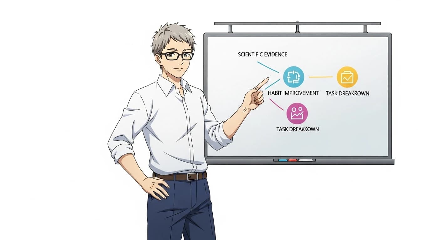 『科学的根拠』『習慣改善』『タスク分解』のアイコンが浮かぶボードを自信満々に指し示している