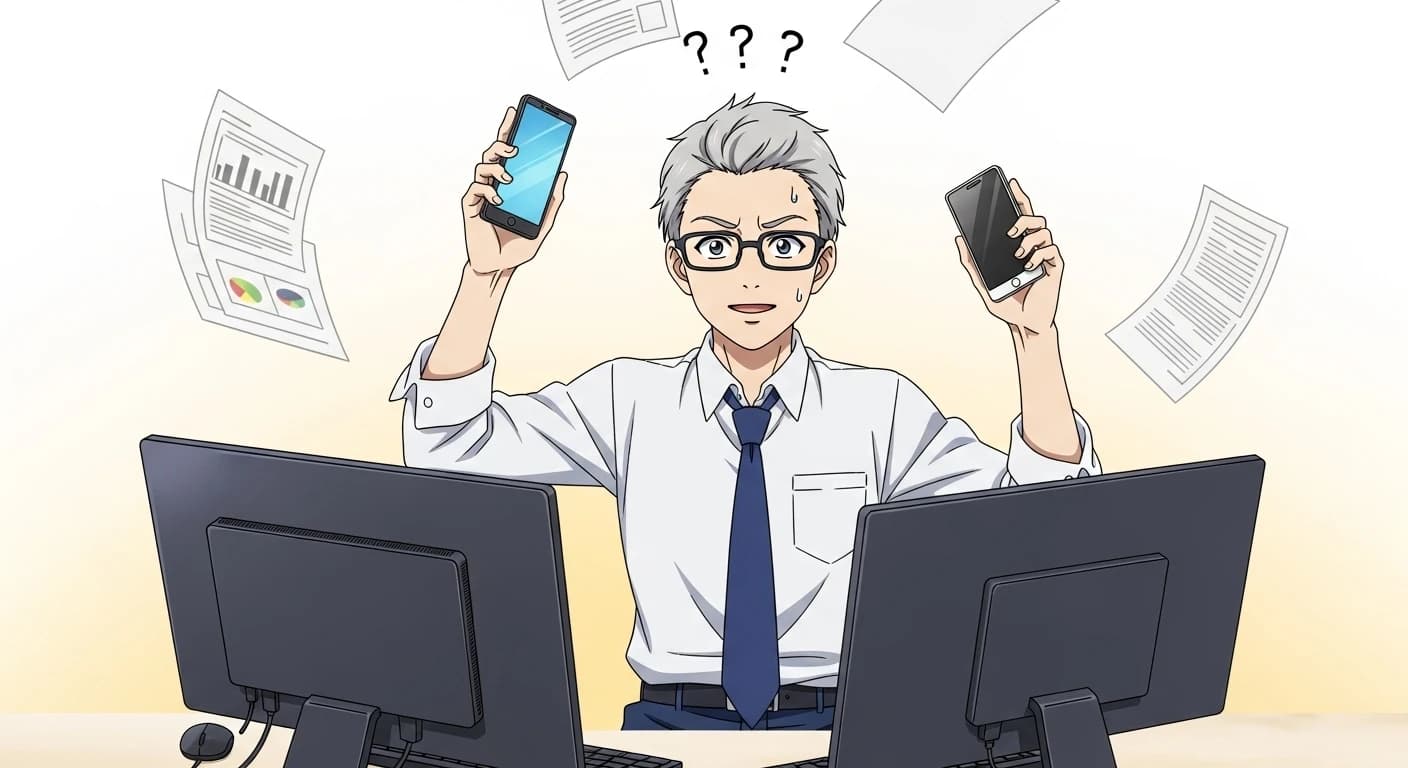 パソコン、スマホ、書類を同時に扱おうとし、混乱した表情で目を回している