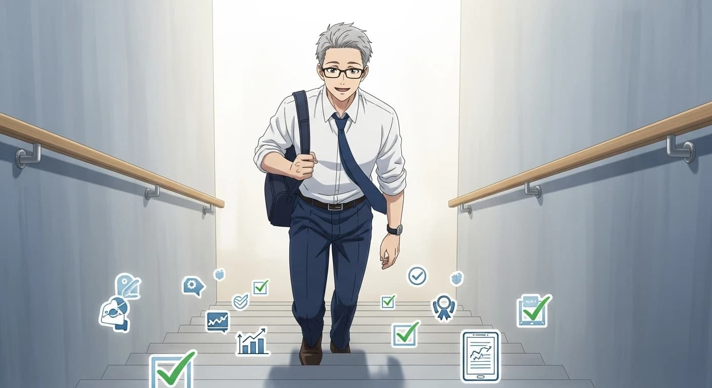 階段を一歩ずつ笑顔で上る様子