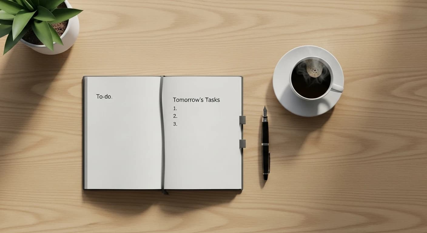 整理されたデスクと「明日のタスク」だけが書かれたノート